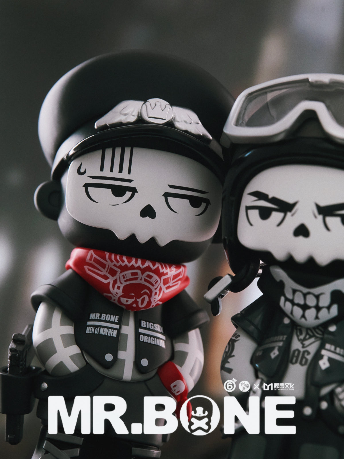 MR.BONE Blind Box Wild One Series toy figures, featuring a distinctive character with a red bandana and skull motif, 12cm tall, from Strangecat Toys.