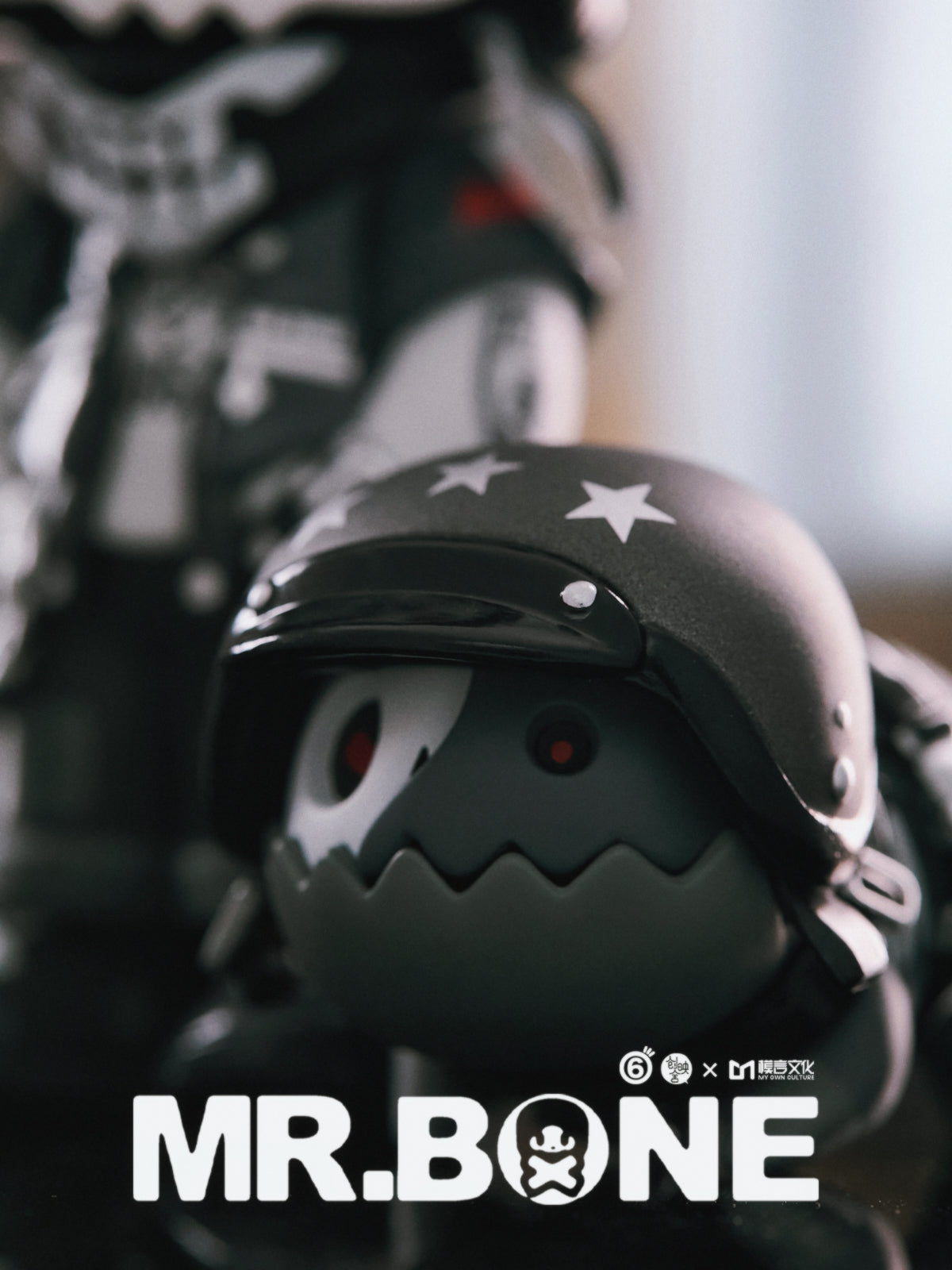 MR.BONE Wild One Dog Blind Box Series toy figurine, featuring a helmet, part of a set of 9 designs with 2 secret variants, made of PVC+ABS.