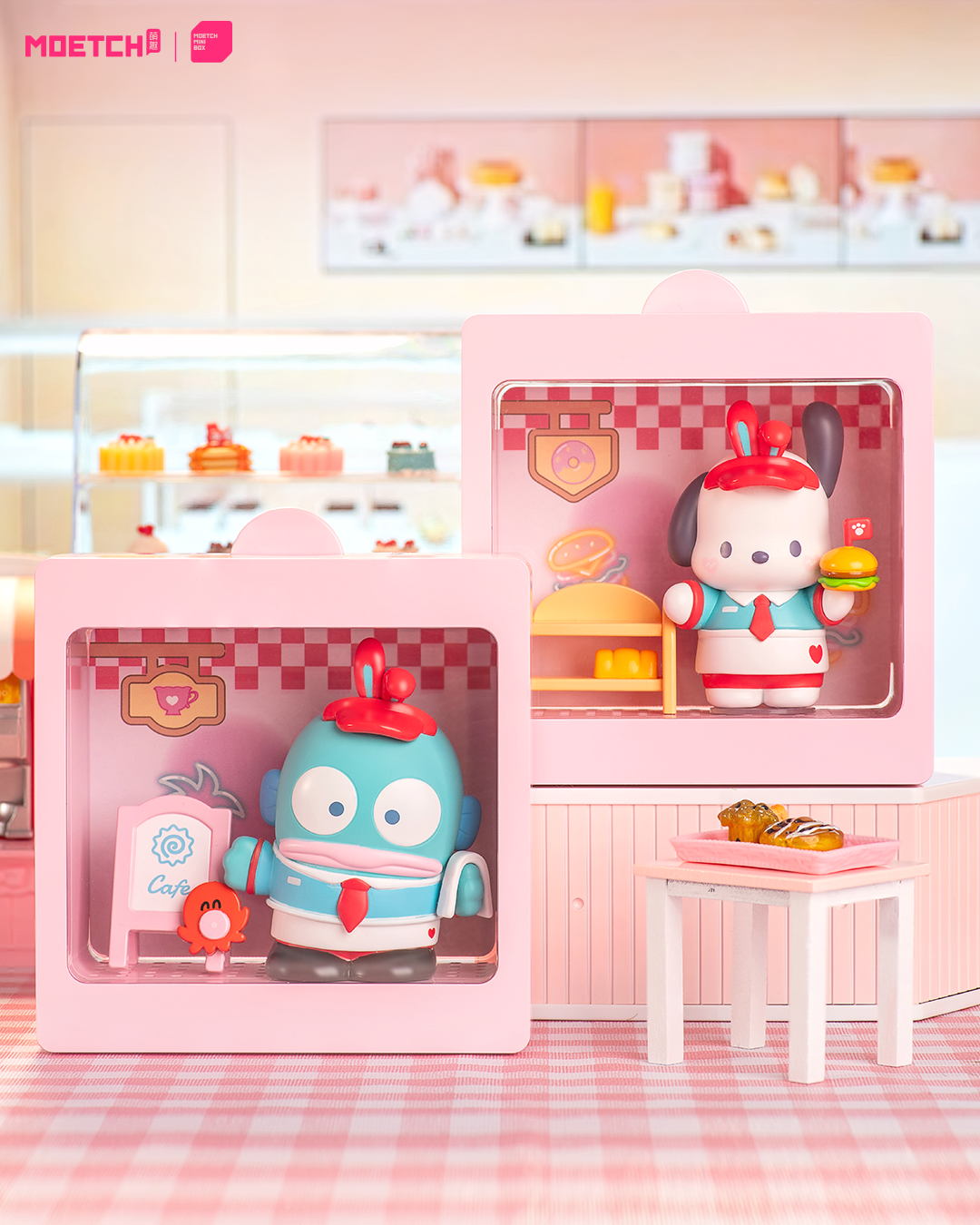 Sanrio characters 24-Hour Restaurant Series Mini Blind Box featuring toy animals with food, including a burger and tray, in a dollhouse setting.