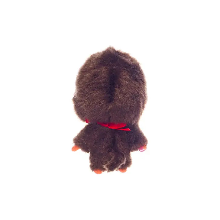 Monchhichi Mini Doll Boy with Pacifier, blind pick plush toy from Strangecat Toys. Stuffed animal, back view, pastel colors, surprise collectible. Dimensions: 2 x 2 x 5 in.