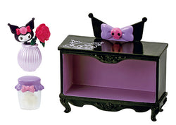 Alt text: Kuromi's Gothic Room - Re-ment Blind Box Series featuring a black and purple drawer, vase, and plastic jar with purple lid.