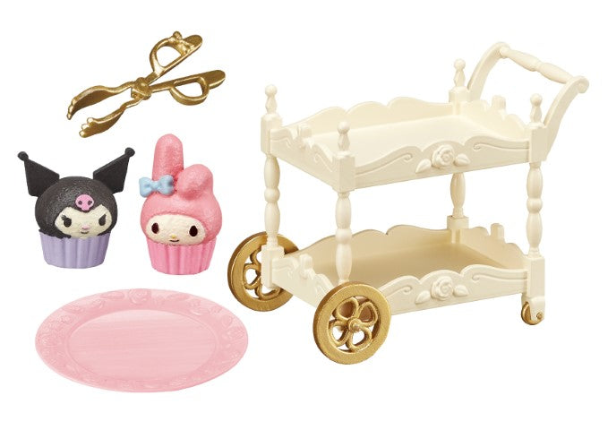 My Melody Kuromi Sweet Tea Party Re-ment Blind Box featuring a toy cart and baby bed, part of an 8-design series.