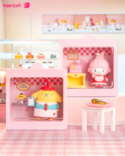 Sanrio characters 24-Hour Restaurant Series Mini Blind Box Max featuring toy figures and accessories from a dollhouse-themed collection.