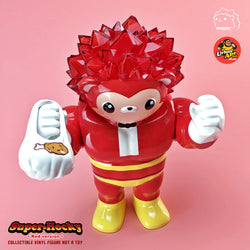 Super Hocky Red edition by Tangent, a vinyl toy figurine with red hair, muscular build, and detailed features, held in hand, available for preorder at Strangecat Toys.