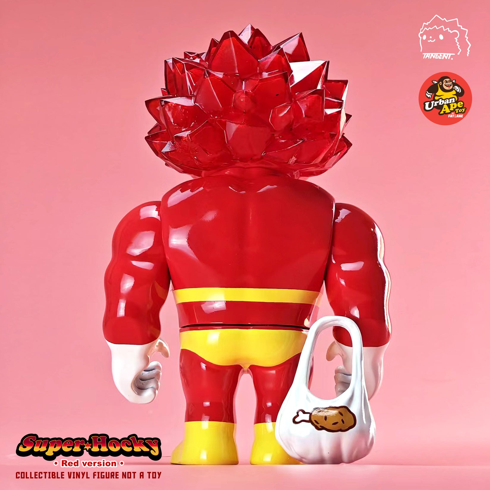 Super Hocky Red edition by Tangent - Preorder. A vinyl toy figure with a red bow, resembling a powerful bodybuilder, 20 cm tall, first collaboration with Urban Ape Toy.