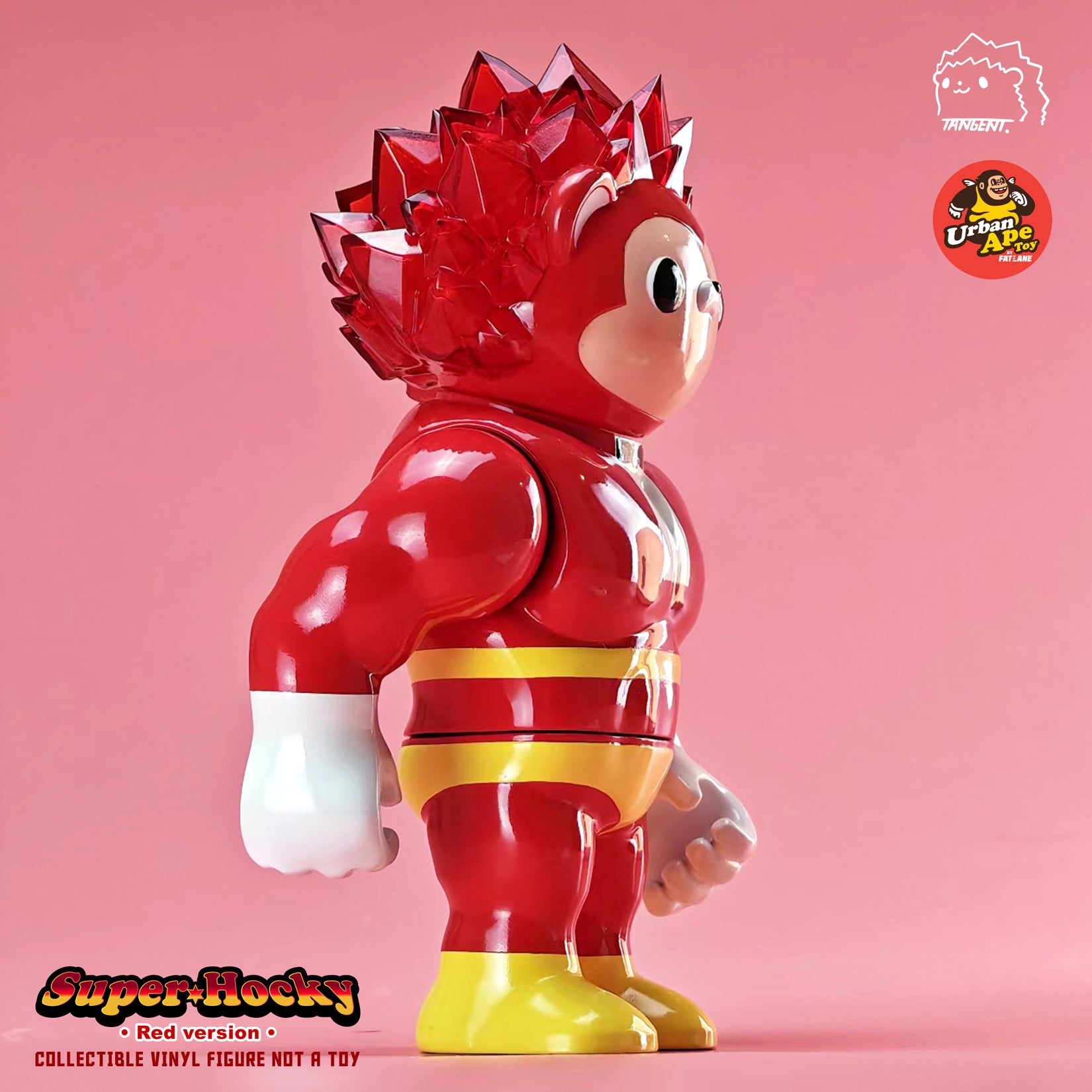 Super Hocky Red edition by Tangent, a vinyl action figure reimagining a beloved character as a bodybuilder, available for preorder at Strangecat Toys.