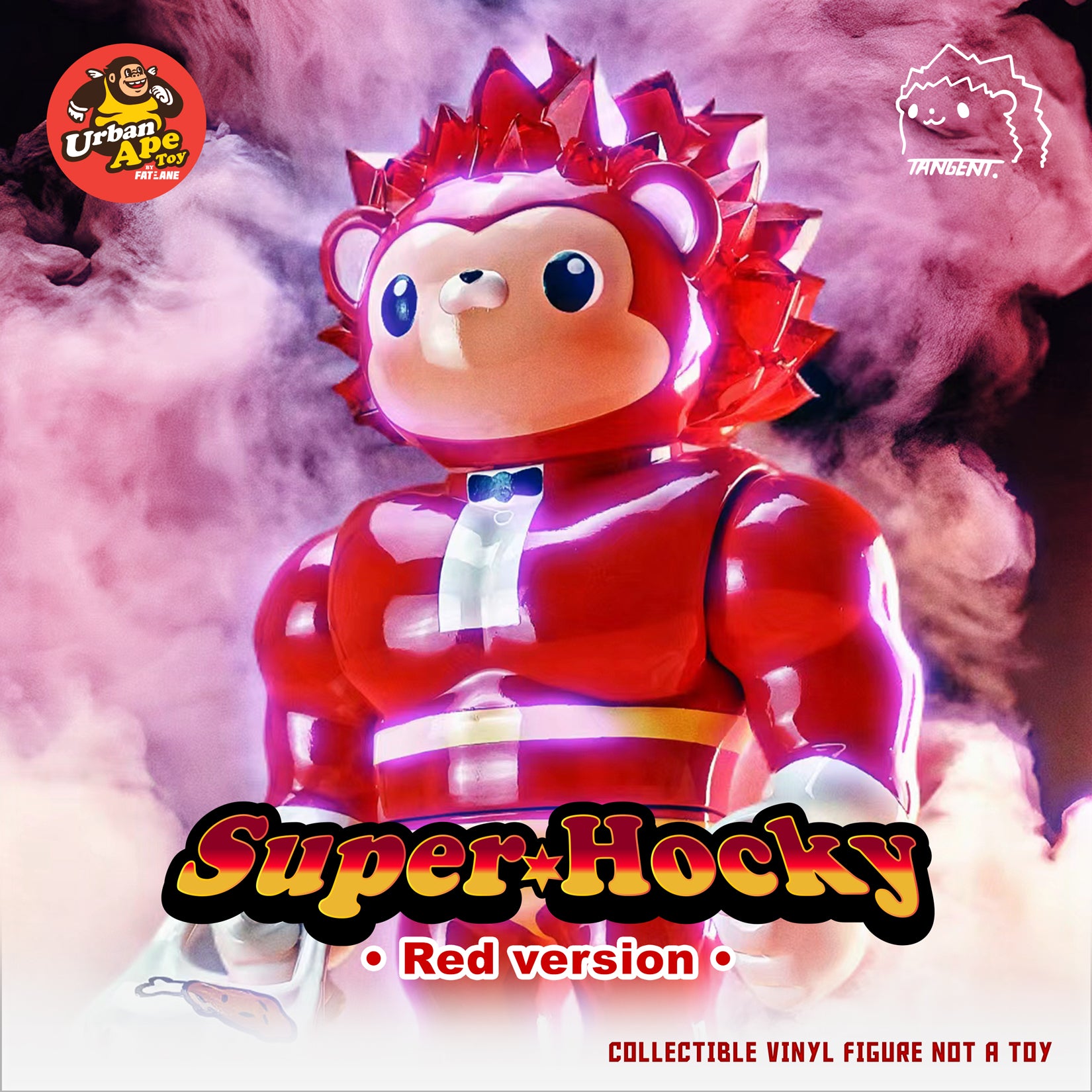 Super Hocky Red edition by Tangent, a muscular vinyl toy figure in a red suit, inspired by Hocky, designed by Urban Ape Toy.