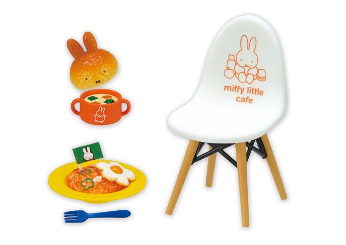 Miffy little cafe Re-ment Blind Box Series featuring a white chair with toy food and a playful toy egg on a plate.