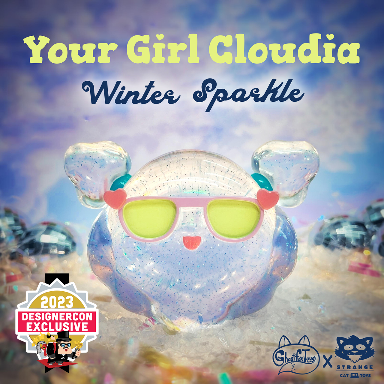 A glass figure with sunglasses, a toy close-up, a heart-shaped object, and a logo of a toy company, part of Your Girl Cloudia - Winter Sparkle Edition By Ghost Fox Toys.