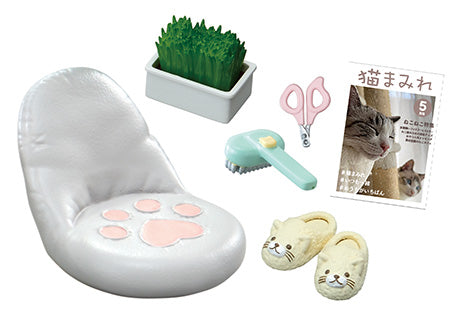 A blind box series featuring Life With Cats Re-ment designs: cat foot toy, cat chair, plant, sleeping cat, scissors, brush, cat face slippers, and paw print.