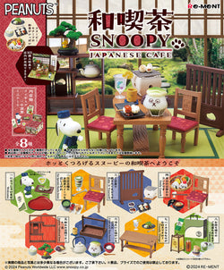 Japanese cafe SNOOPY Re-ment Blind Box Series poster featuring cartoon character figurines, including a dog wearing a hat and various chairs with red cushions.