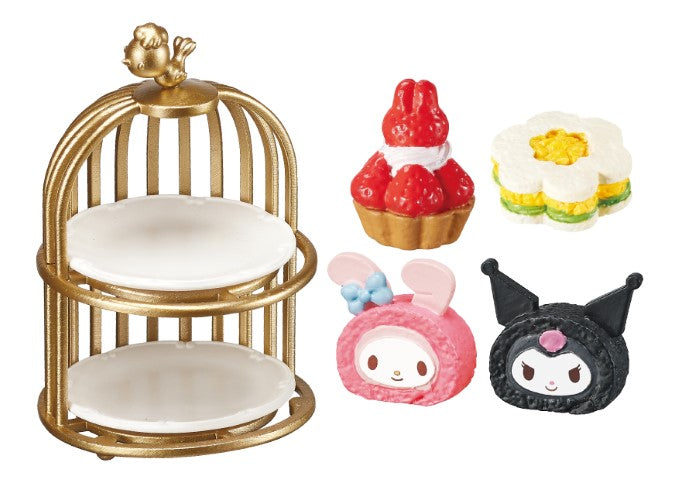 My Melody Kuromi Sweet Tea Party Re-ment Blind Box Series featuring a whimsical gold bird cage with themed dessert and character designs.