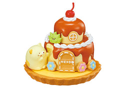 A blind box series featuring Sumikkogurashi House Of Sweets Re-ment designs. Includes a toy cake with a cat and cherry, cake close-up, and toy details. Available at Strangecat Toys.