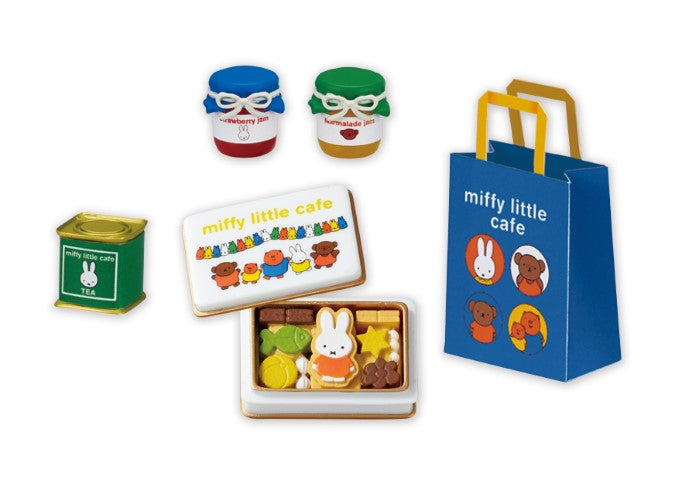 Miffy little cafe Re-ment Blind Box Series featuring various toys, a cookie box, and jars, highlighting the collectible nature with eight distinct designs.