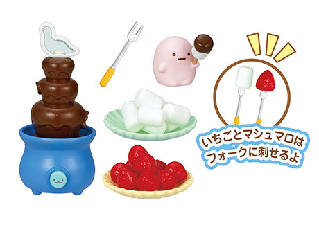 Sumikkogurashi Home Party Re-ment Blind Box Series featuring 8 designs: blue pot with chocolate, tool, plate of strawberries, chocolate fountain, plate of marshmallows, blue bird.