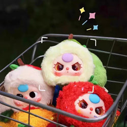 Baby Three Fruit Orchard Plush Series Blind Box toys in a shopping cart, showcasing various stuffed animal designs available for preorder at Strangecat Toys.