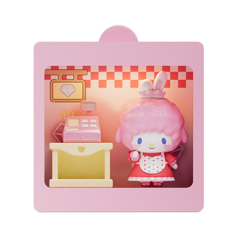 Sanrio characters 24-Hour Restaurant Series Mini Blind Box featuring a pink-haired cartoon toy in packaging, part of a collectible toy series.