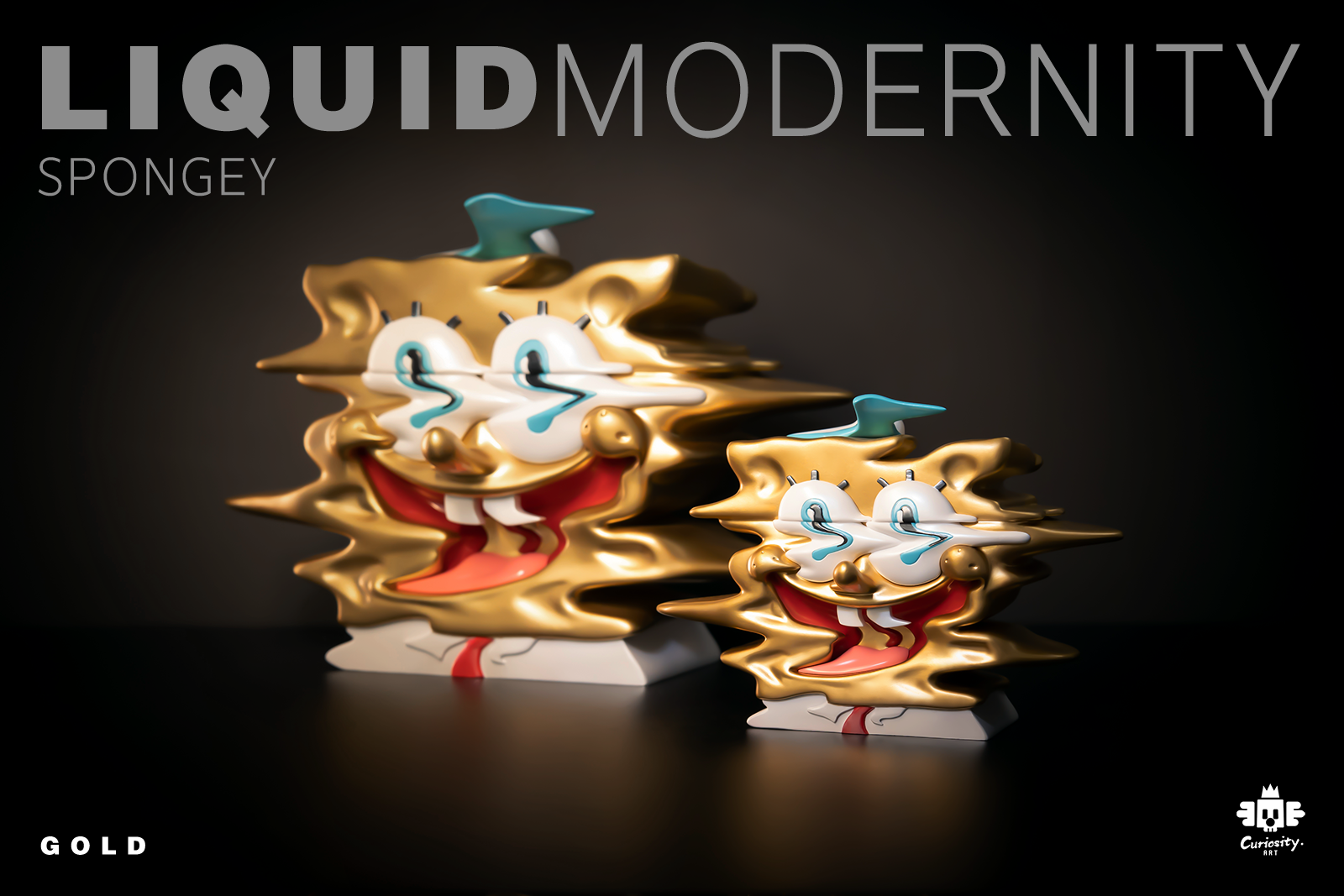 Sculpture of Liquid Modernity-Spongey-Gold figures in various sizes, made of resin, part of a limited edition set.