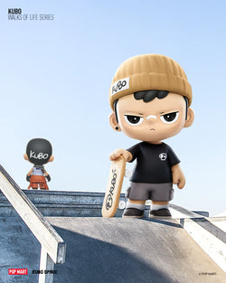 Kubo Walks of Life Blind Box Series toy figure holding skateboard on ramp.