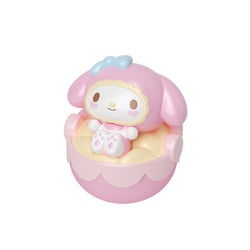 Sanrio characters Cradle Tumbler Series Moetch Bean, pink toy with cartoon character and blue bow, part of a collectible blind box series.