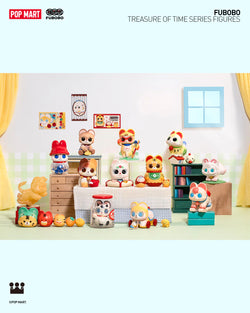 FUBOBO Treasure of Time Blind Box Series toys displayed in a room, featuring various toy animals and figures.