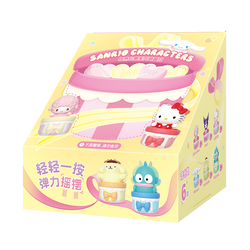 Sanrio characters Pounding Hearts Series Moetch Bean box featuring various cartoon toys, including a cat and bunny, packaged for a blind box collection.