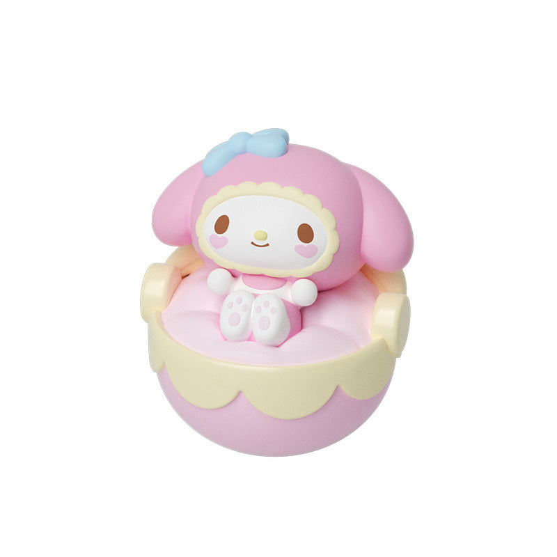 Sanrio characters Cradle Tumbler Series Moetch Bean, featuring a pink toy with a blue bow, from a blind box collection at Strangecat Toys.