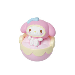 Sanrio characters Cradle Tumbler Series Moetch Bean, featuring a pink toy with a blue bow, from a blind box collection at Strangecat Toys.