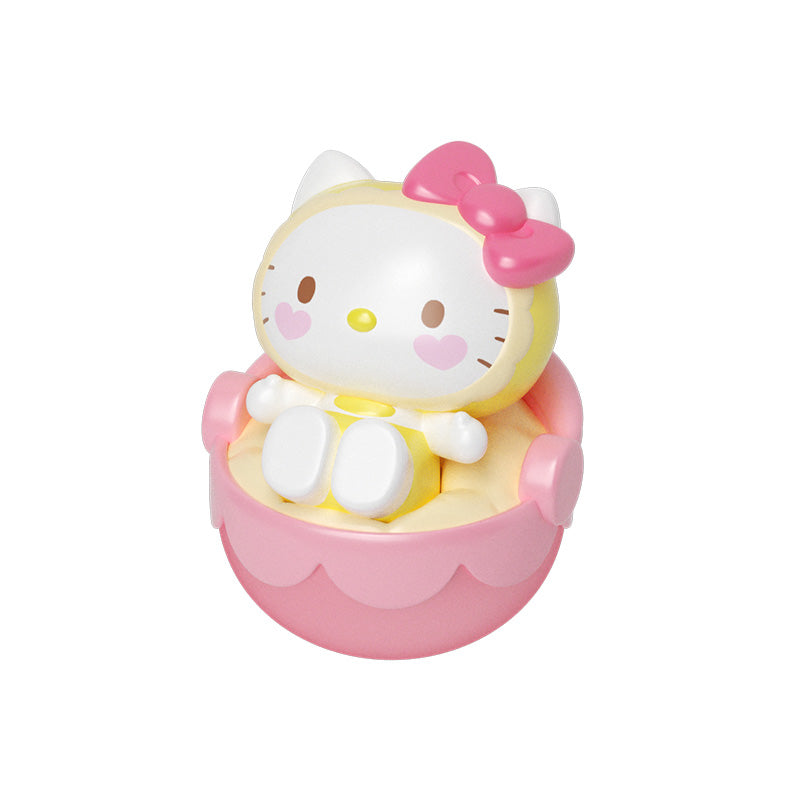 Sanrio characters Cradle Tumbler Series Moetch Bean toy cat in a basket, part of a 12-piece collectible set from Strangecat Toys.