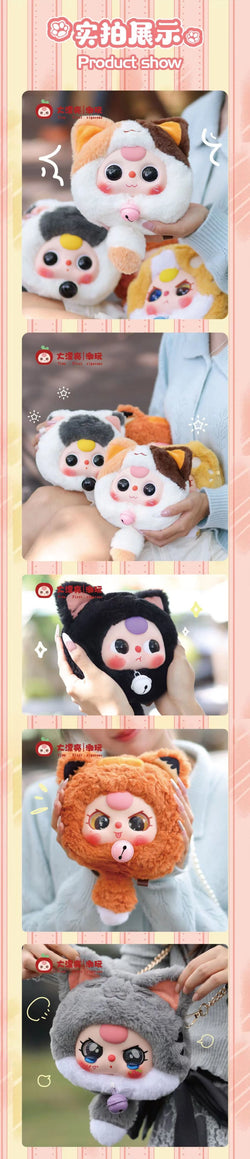 Person holding a Baby Three Fortune Cat Zipper Bag Plush from a blind box collection, showcasing one of the eight possible designs.