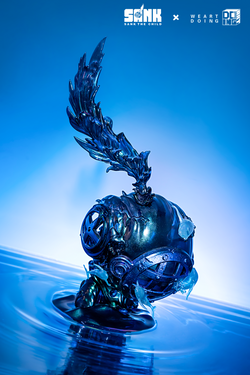 Alt text: Sank-Nuclear Sea-Pollution metal sculpture with feather, preorder for Q4 2024, limited edition, resin and magnet features.