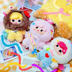 BABY BILLIE V3 Sweet Dream Party Plush Keychain Series Blind Box featuring various stuffed animal designs displayed on a table.