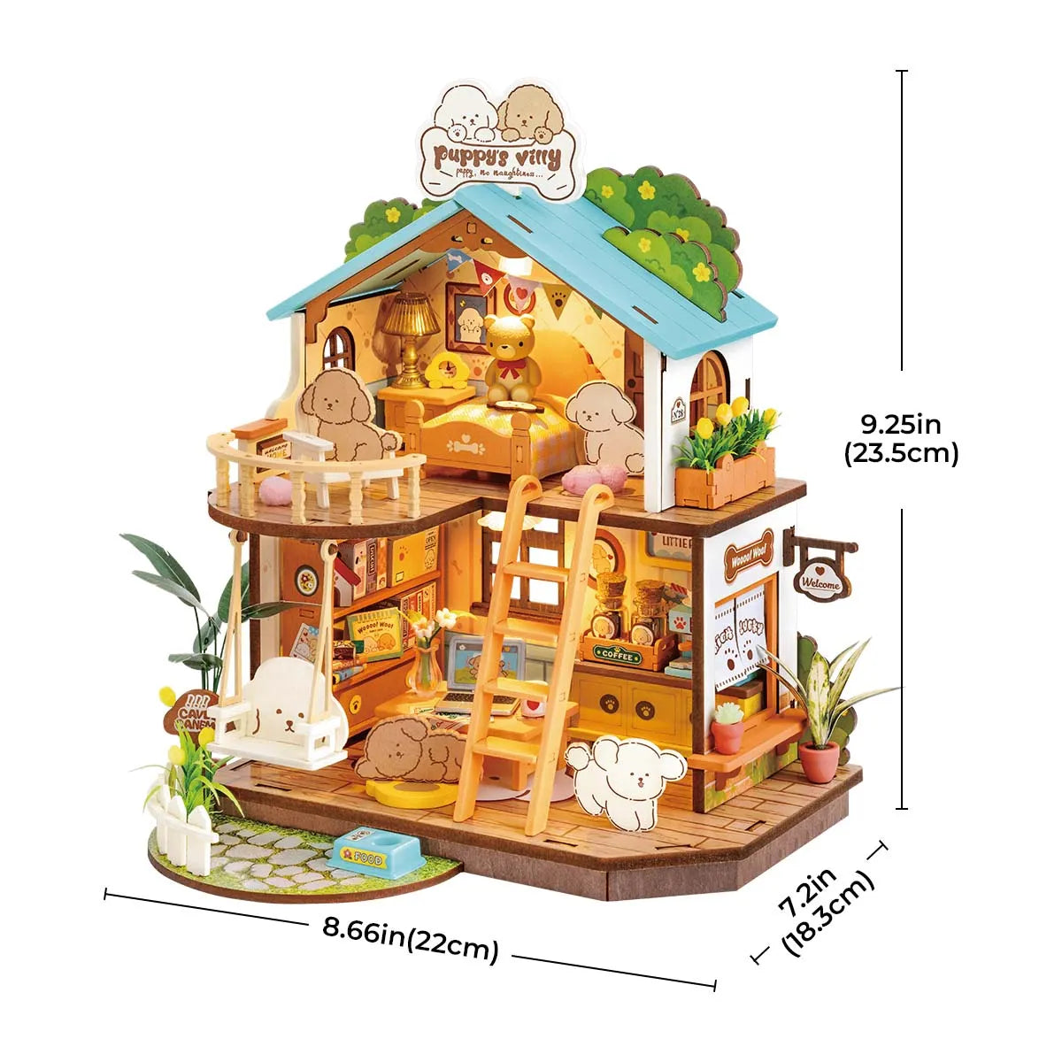 Rolife DIY Miniature House - Puppy's Cozy Villa DG169 features a toy house with a ladder, a white cartoon bear, and a potted plant.