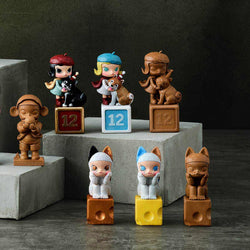 MOLLY Anniversary Statues Classical Retro Blind Box Series: A variety of figurines including a wooden monkey, girl with cat, and girl with dog.