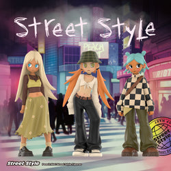 A blind box set of Peach Riot Street Style Figures featuring cartoon characters in trendy clothing for ice skating, showcasing a woman in a green skirt and a person in a checkered shirt.