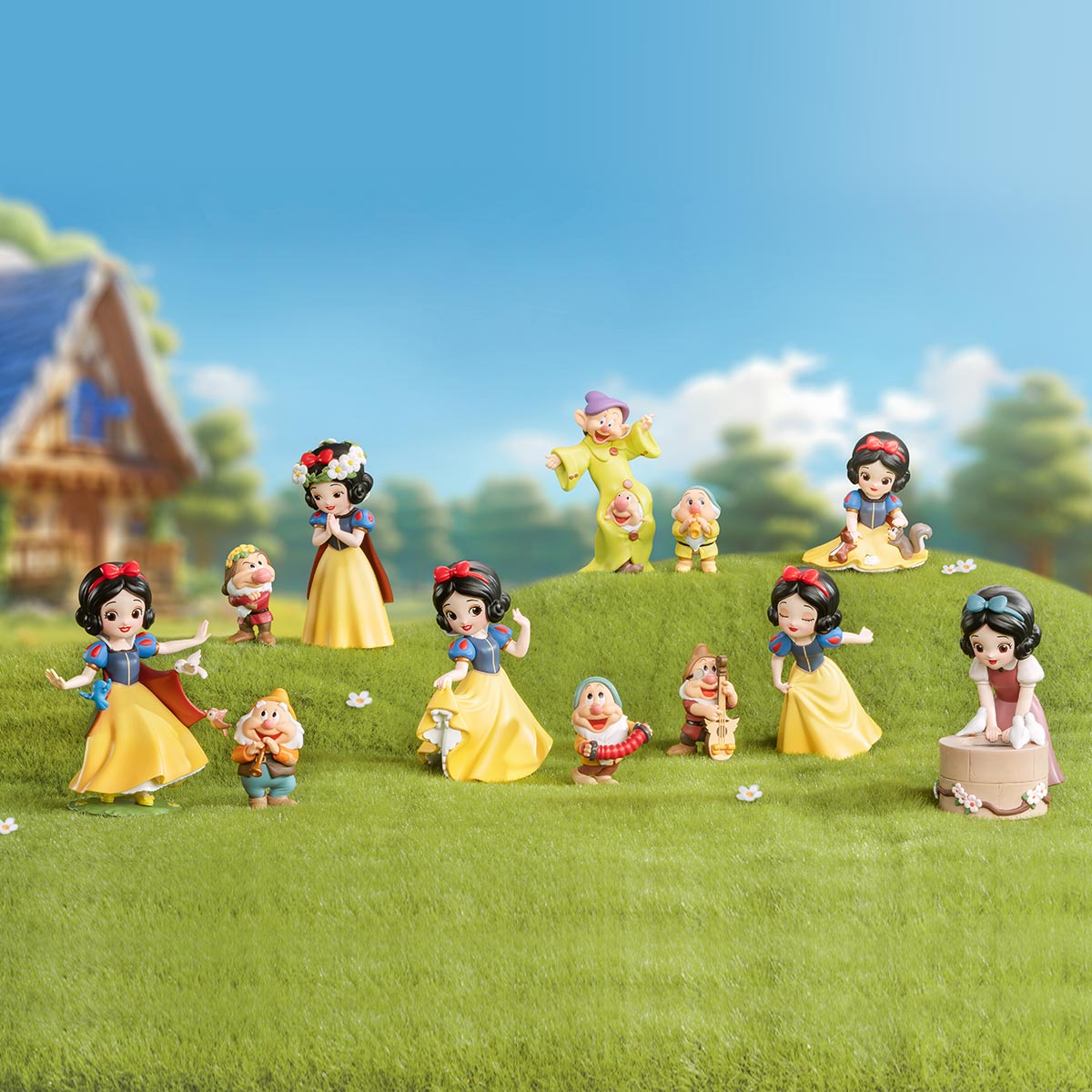 Disney Snow White Classic Blind Box Series figurines, featuring characters on a grassy hill. Preorder for 9 designs, ships late July 2024.