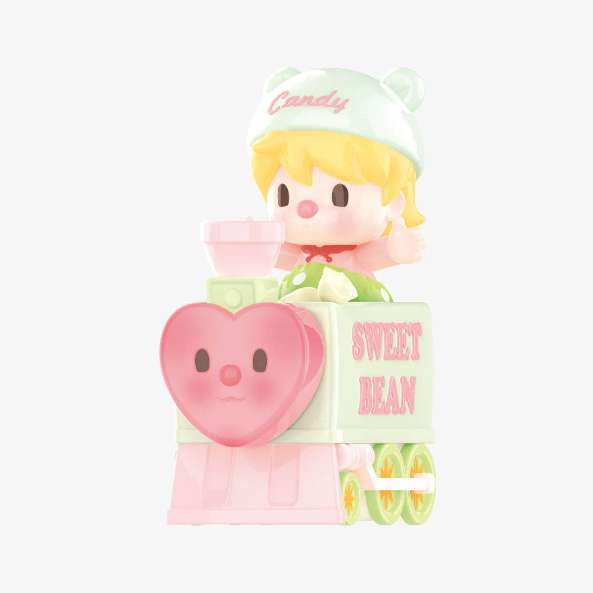 A blind box series featuring 12 regular designs and 1 secret. Sweet Bean Afternoon Tea Blind Box Series from Strangecat Toys. Includes toy train, girl figurine, and heart face.