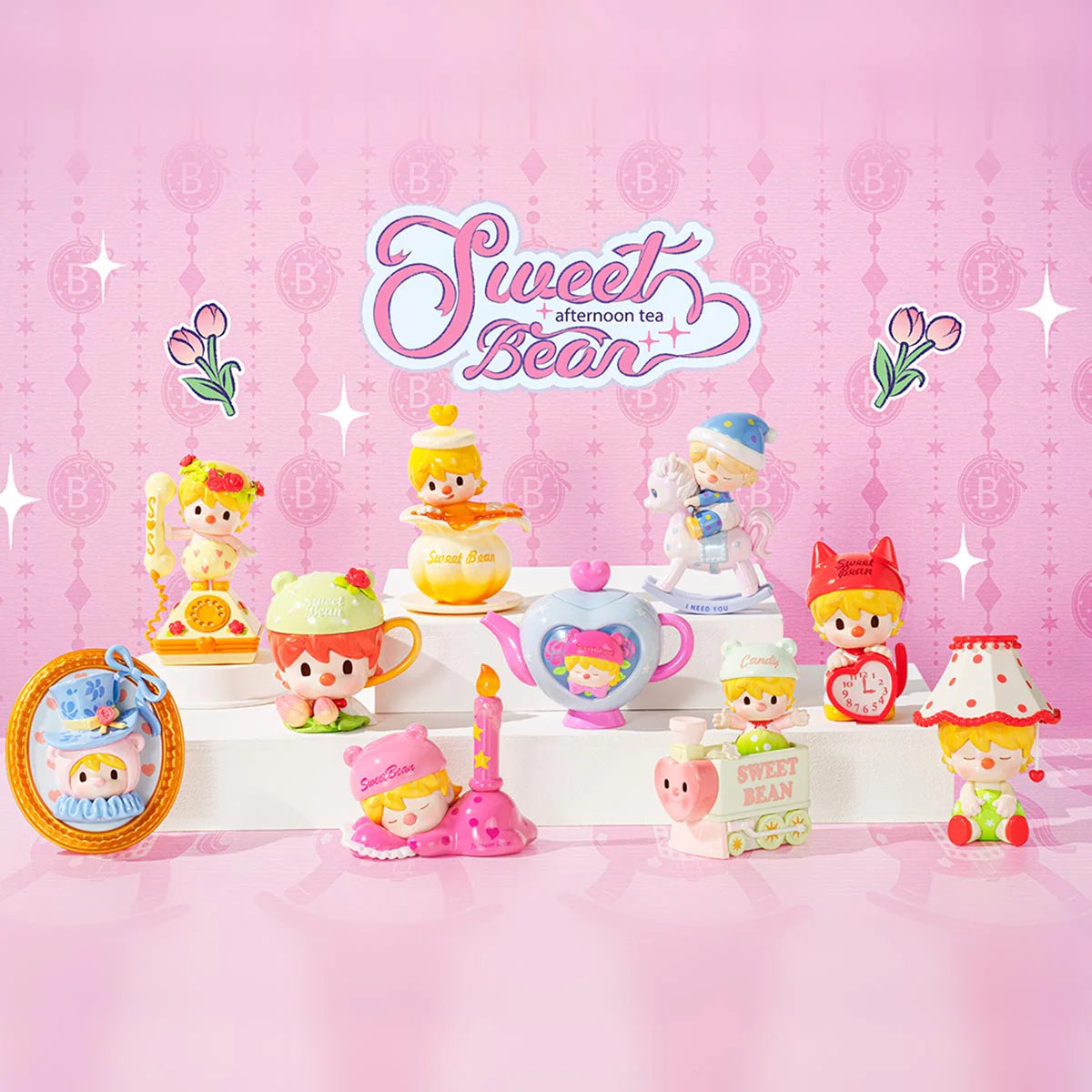 A group of toy figurines including a boy, girl with a telephone, and a doll with a hat, part of the Sweet Bean Afternoon Tea Blind Box Series from Strangecat Toys.