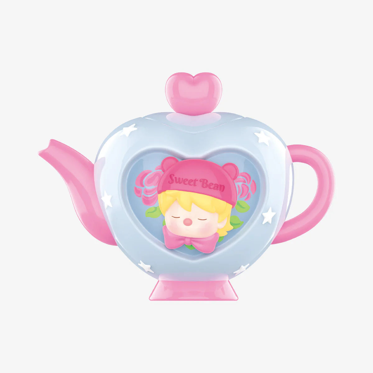 A blind box series featuring Sweet Bean Afternoon Tea characters, including a teapot with a cartoon character, a plate with a cartoon character, and a toy close-up. From Strangecat Toys.