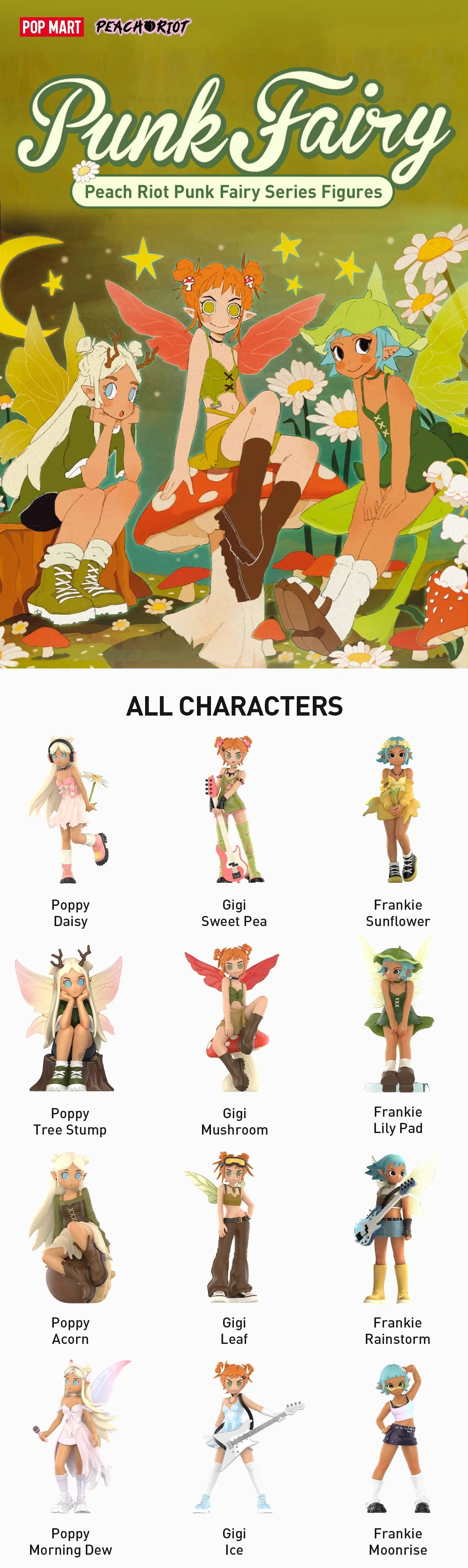 A group of cartoon characters including a punk fairy holding a guitar and sitting on a mushroom. Part of the Peach Riot Blind Box Series from Strangecat Toys.