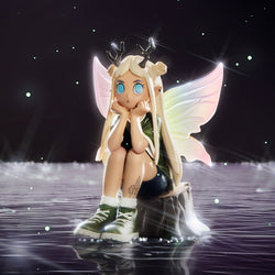 A blind box series featuring Peach Riot Punk Fairy figurines, including 12 regular designs and 1 secret variant. Cartoon-style fairy on a stump with green shoes.