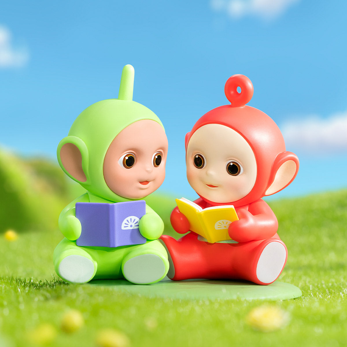 Teletubbies Companion Series Figures Blind Box Series: 6 regular and 1 secret toys. Toy monkey reading a book, baby figurine, and more on grass. Ideal for collectors.