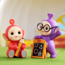 Teletubbies Companion Series Figures Blind Box Series featuring toy monkey with pencil, purple monkey with blackboard, and symbols on blackboard. From Strangecat Toys, a blind box and art toy store.