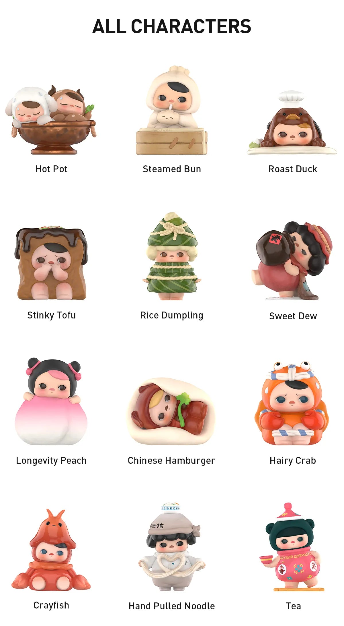 A group of PUCKY The Feast Blind Box Series figurines, including a crab-garmented character, toy in a blanket, doll with a green hat, and more. Preorder now from Strangecat Toys.