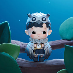 A blind box series featuring HACIPUPU Adventures In The Woods. Cartoon boy figurine with clock, owl garment, and button details. From Strangecat Toys.
