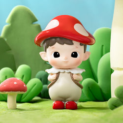 A blind box toy series, HACIPUPU Adventures In The Woods Box, featuring a boy figurine in a mushroom garment. Includes 12 regular designs and 1 secret.