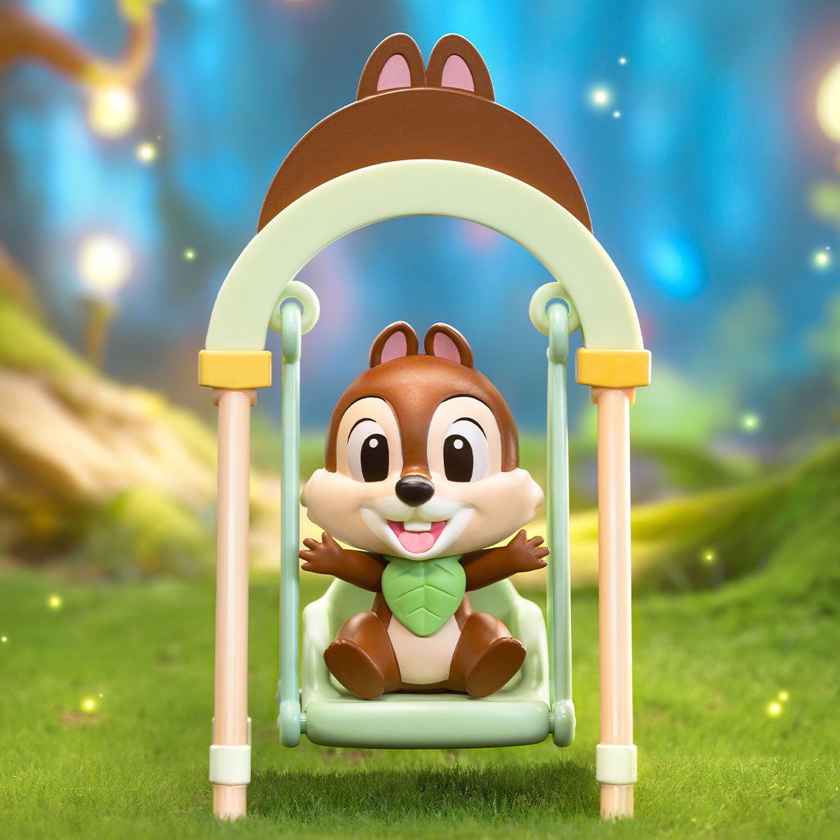 Alt text: Disney Swing Blind Box Series toy squirrel on a swing, part of a collection with 9 regular and 1 secret design