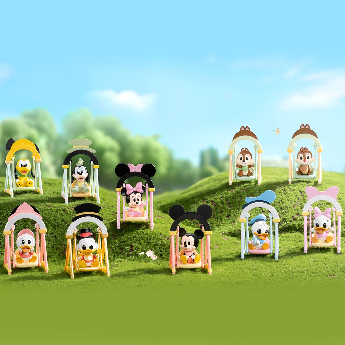 Disney Swing Blind Box Series featuring various toy animals on swings on a grassy hill. Preorder for late July 2024.