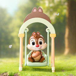 Toy squirrel on swing from Disney Swing Blind Box Series, holding a nut, available for preorder at Strangecat Toys. Ships late July 2024.