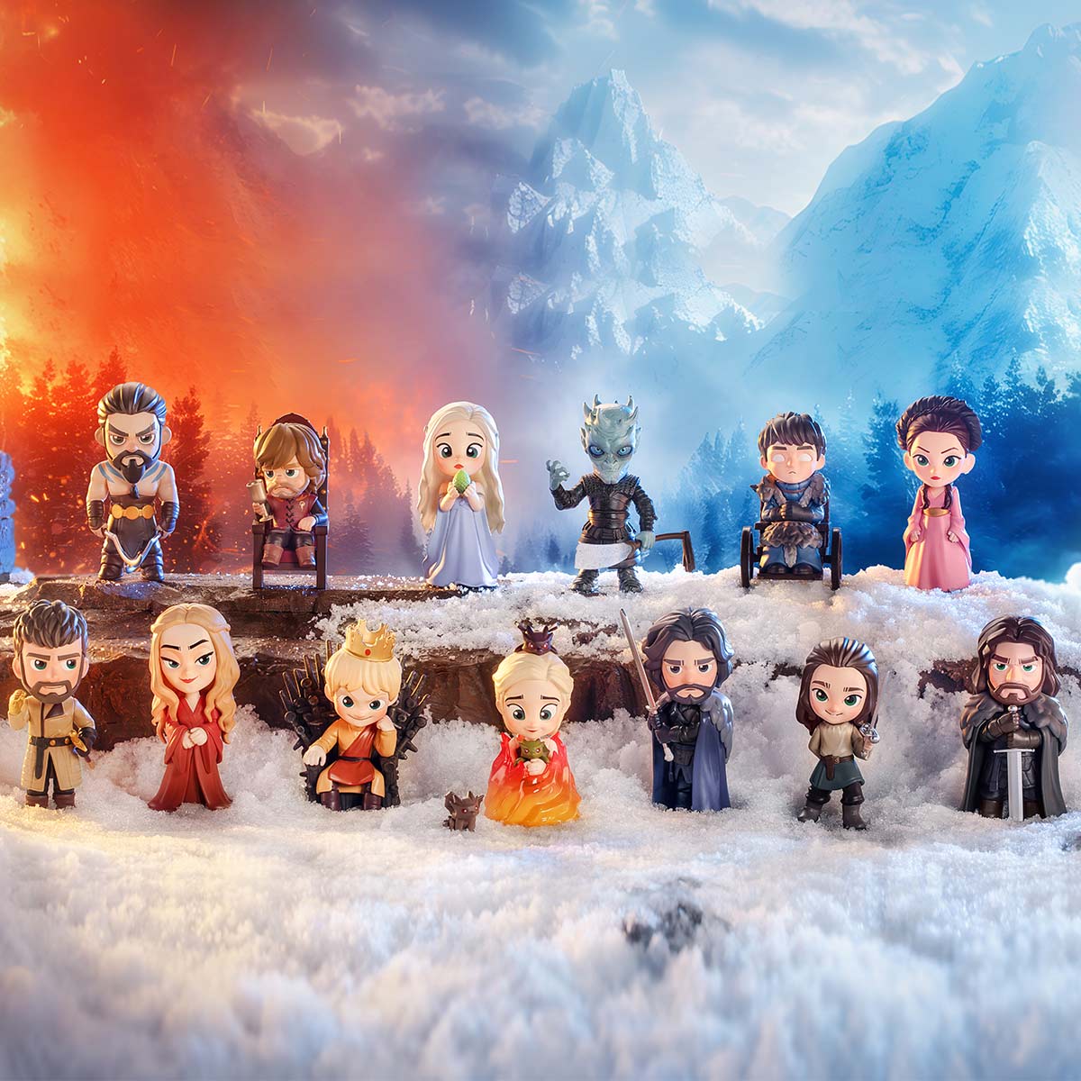 Alt text: Game of Thrones Blind Box Series action figures in the snow, featuring various characters including a child, alien, and a man with a sword.